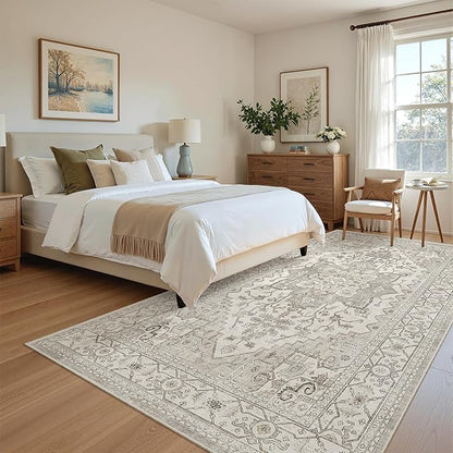 Madane Hallway Runner Rug 4x8 Wide: Washable Thin Runners for Hallways Entry, Non Slip Soft Vintage Kitchen Rugs Low Pile Carpet Runners for Living Room Bedroom Dining Room Foyer (Beige/Brown, 4x8)