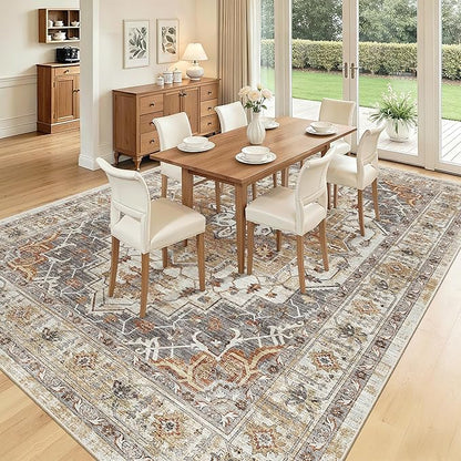 Madane Washable Rug 8x10 Area Rugs for Living Room, Ultra-Thin Non-Slip Backing Rug, Stain Resistant Vintage Large Area Rug for Bedroom (Turmeric/Grey, 8'x10')
