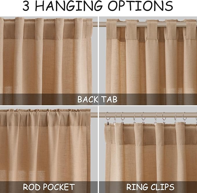 Camel Linen Curtains 90 Inch Length 2 Panels Set for Living Room Rod Pocket Back Tab Window Drapes Light Filtering Elegant Farmhouse Curtain 90 Inches Long for Dining Room Bedroom Nursery 52x90