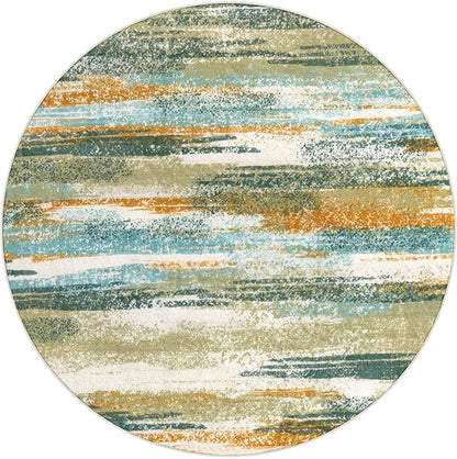Lansny Modern Abstract Round Rug 5Ft, Green Mustard Multi Small Washable Non-Slip Circle Rug, Soft Circular Dining Room Rug Thin Print Faux Wool Carpet for Bedroom Living Room Office Playroom