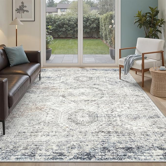 5x7 Area Rugs Blue Ivory Low Pile Indoor Washable Trendy Faded Style Rugs for Bedroom Living Room Dining Room Foldable Non-Slip Thin Print Mat