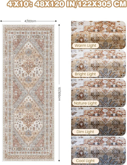 4x10 Runner Rug, Washable Hallway Runner Rug with Non-Slip Backing, Low Pile Wide Runner for Living Room, Entryway, Kitchen, Soft Vintage Home Decor Mat for Dining Room(Orange,4'x10')