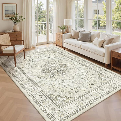 zesthome Washable Rug 6x9 Area Rugs,Stain Resistant Rugs for Living Room,Bedroom,Non-Slip Backing Home Decor Rug, Vintage Medallion Pattern Rugs (Beige,6'x9')