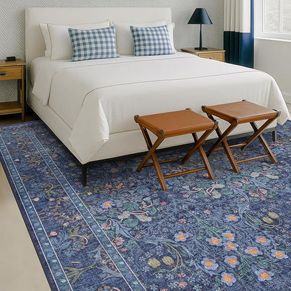 Washable Dark Blue Rug for Living Room - 10x12 Large Area Rug for Dining Room Under Table, Bedroom, Soft Low Pile Non-Slip Stain Resistant Carpet - Vintage Navy Floral Design