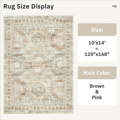 10x14 Area Rugs for Living Room, Non Slip Machine Washable Vintage Rugs, Low Pile Lightweight Large Rug for Bedroom, Dining Room, Home Office Brown Pink