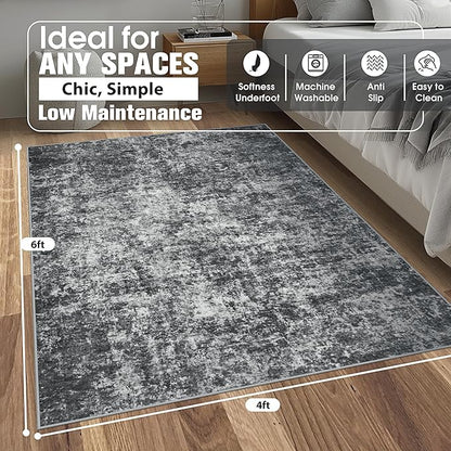 4x6 Area Rugs for Living Room Rug Washable: Abstract Rug for Dining Room Bedroom Carpet Non Slip 4 by 6 Indoor Modern Nursery Home Office Black Grey