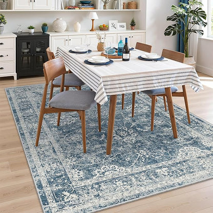 Madane 5x7 Area Rugs for Living Room, Washable Vintage Rug with Non-Slip Backing, Soft Floral Print Throw Rugs Floor Low Pile Carpet for Bedroom Dining Room Farmhouse (5 x 7, Cadet Blue)