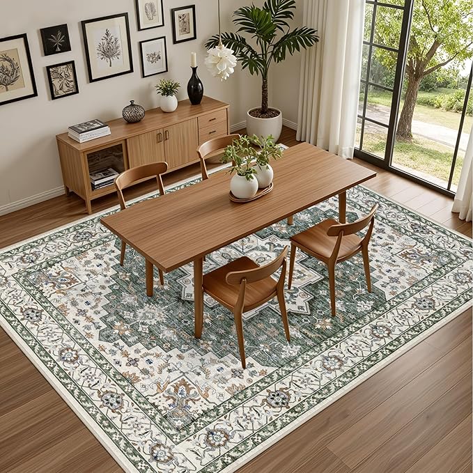 Area Rugs 10x12 Living Room Rug: Washable Rug Soft Vintage Boho Medallion Carpet Indoor Non-Slip Stain Resistant Large Carpets for Bedroom Dining Room Farmhouse Nursery Home Office Green Ivory
