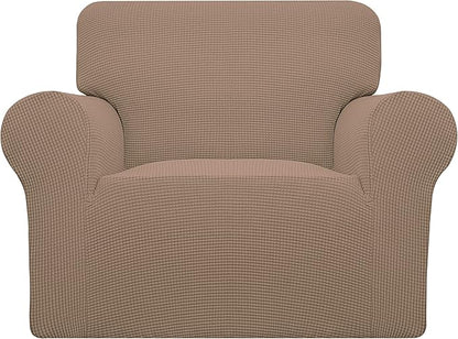 Easy-Going Stretch Chair Sofa Slipcover 1-Piece Couch Sofa Cover Furniture Protector Soft with Elastic Bottom for Kids, Pet. Spandex Jacquard Fabric Small Checks (Chair, Camel)