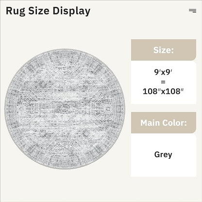 Soalmost 9x9 Grey Round Rug 9ft Living Room Circle Rug Vintage Round Area Rug Non Slip Indoor Carpet for Apartment