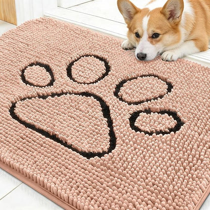 OLANLY Dog Door Mat for Muddy Paws 30x20, Paw Print Design, Absorbs Moisture and Dirt, Absorbent Non-Slip Washable Doormat, Quick Dry Chenille Mud Mat for Dogs, Entry Indoor Entryway Carpet, Peach