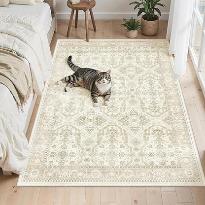 3x5 Rug, Small Area Rug for Kitchen, Entryway, Machine Washable Non-Slip Throw Rug, Vintage Carpet for Nursery Coffee Table Beige/Brown