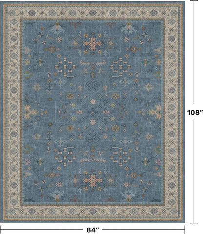 Boho 7x9 Living Room Rugs - Modern Dark Blue Dining Room Rug for Under Table, Lightweight Washable Foldable Low Pile Carpet, Eclectic Floral Bedroom Décor Aesthetic