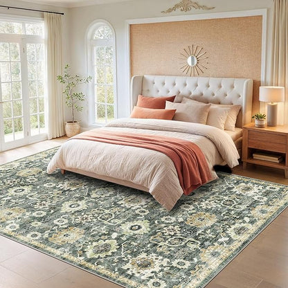 AMADA HOMEFURNISHING 9x12 Washable Area Rug, Low-Profile Large Area Rug with Non-Slip Backing & Durable Edge Binding, Vintage Large Rugs for Living Room, Bedroom & Dining Room