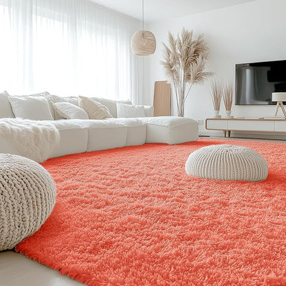 OLANLY 9x12 Machine Washable Large Area Rugs for Living Room, Bedroom, Soft Fluffy Shaggy Bedside Rug, Indoor Floor Carpet for Kids Girls and Boys, Dorms, Nursery, Home Decor, Coral Red