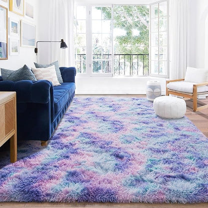 Rugs for Bedroom 4x6, Soft Shaggy Modern Shag Area Rug for Living Room, Upgrade Non-Slip Plush Fluffy Carpet for Kids Boys Girls Room Home Decor Aesthetic, Rainbow Purple