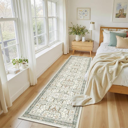 2x6 Hallway Washable Runner Rug - Soft Non Slip Vintage Rugs for Entryway Low-Pile Farmhouse Neutral Kitchen Runners Living Room Floor Mat Stain Resistant Distressed Carpet for Bedroom Bathroom Green