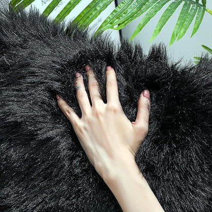 linmopm Faux Fur Rug Sheepskin Shag Fluffy Fuzzy Black 6x9 ft Rugs for Bedroom Bedside Bed Floor Living Room Plush Rectangle High-Density Cushion Carpet Super Sofa Cover