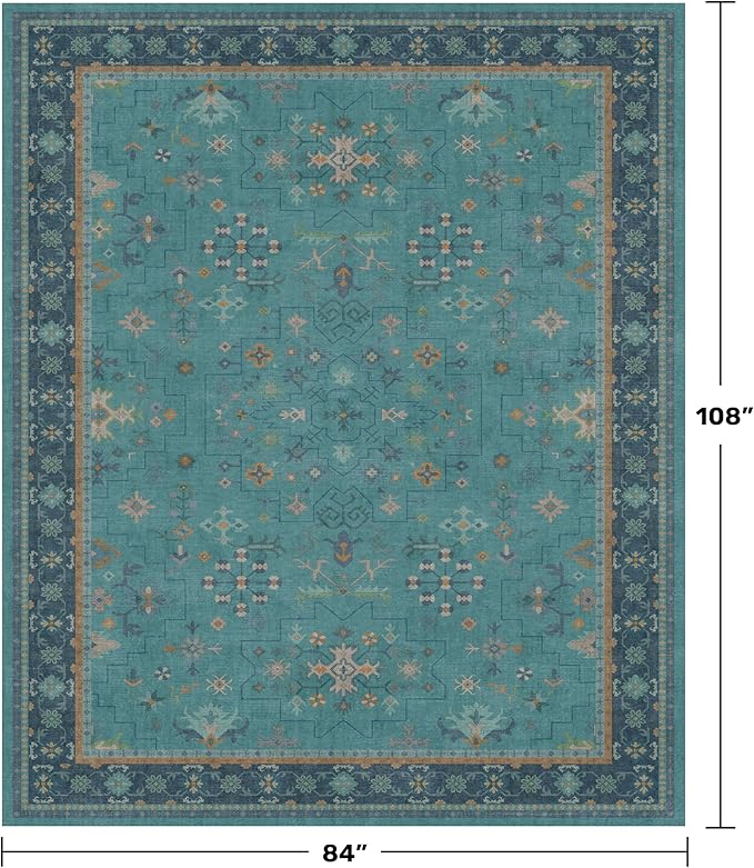 Boho Teal 7x9 Soft Rugs for Living Room, Washable Turquoise Rug for Bedroom Under Bed, Vintage Non Slip Floral Dining Room Carpet, Low Pile Soft Fade Resistant