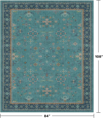 Boho Teal 7x9 Soft Rugs for Living Room, Washable Turquoise Rug for Bedroom Under Bed, Vintage Non Slip Floral Dining Room Carpet, Low Pile Soft Fade Resistant