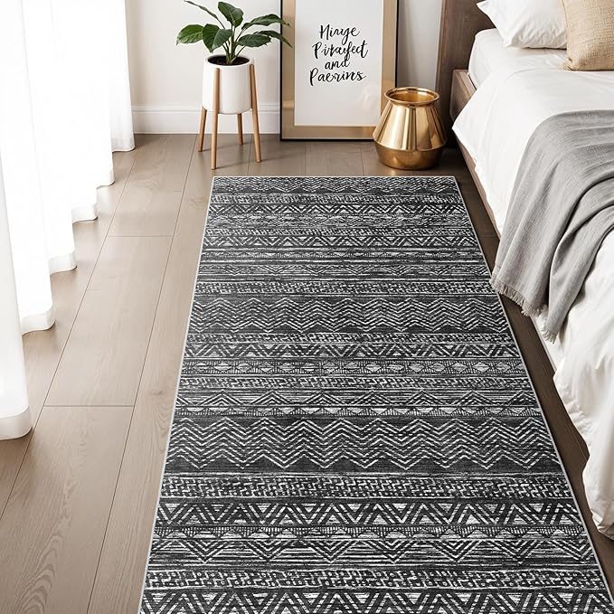 3x6 Washable Hallway Runner Rug - Moroccan Non-Slip Long Runners for Entryway Soft Modern Geometric Low-Pile Rugs for Kitchen Waterproof Neutral Carpet for Bedroom Bathroom Laundry 3x6 Black