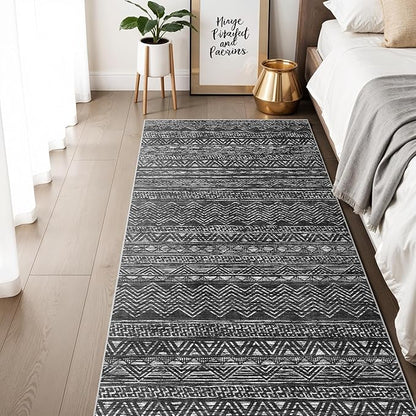 3x6 Washable Hallway Runner Rug - Moroccan Non-Slip Long Runners for Entryway Soft Modern Geometric Low-Pile Rugs for Kitchen Waterproof Neutral Carpet for Bedroom Bathroom Laundry 3x6 Black