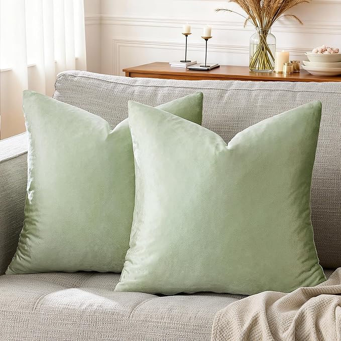 GIGIZAZA Throw Pillow Covers 22x22 Inch Sage Green Velvet Pillows Decorative Covers Pack of 2 for Sofa Pillowcase Cushion Covers