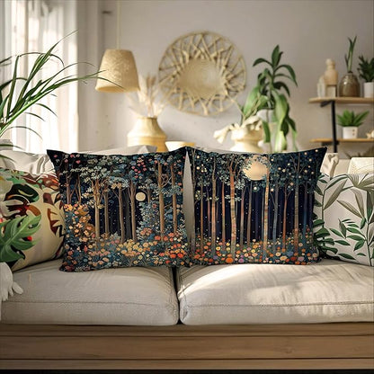 Vintage William Morris Moon Inspired Forest Decor Throw Pillow Covers 18x18 Set of 2,Rustic Botanical Nature Decorative Throw Pillow Covers for Home Bedroom Living Room