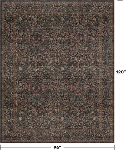 Vintage Washable Dark Brown Rugs for Living Room, 8x10 Area Rugs for Dining Room Under Table, Bedroom, Black Brown Deep Olive Taupe Espresso Accent Floral Carpet Non-Slip, Low Pile Stain Resistant