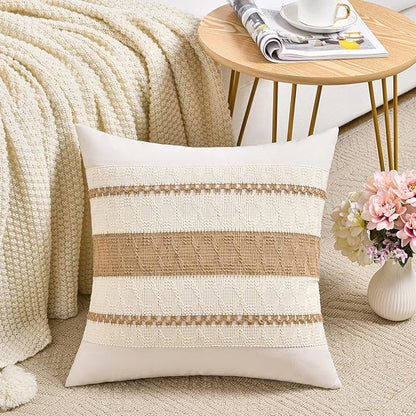 Fancy Homi Set of 1 Boho Neutral Decorative Throw Pillow Cover 20x20 Inch for Couch Bed Sofa, Aesthetic Modern Organic Farmhouse Home Decor, Soft Cotton Cute Accent Macrame Woven Tan Cushion Case