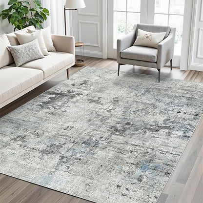 6x9 Abstract Area Rugs for Living Room 6 x 9 Washable Non Slip Low Pile Gray Rugs for Bedroom Dining Room Foldable Thin Gray Blue