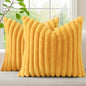 decorUhome Summer Cozy Faux Fur Throw Pillow Covers 26x26 Set of 2 Decorative Plush Striped Modern Farmhouse Boho Couch Euro Sham Pillow Cases with Velvet Back for Sofa Bed Living Room, Mustard Yellow