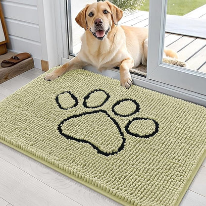 OLANLY Dog Door Mat for Muddy Paws 36x24, Paw Print Design, Absorbs Moisture and Dirt, Absorbent Non-Slip Washable Doormat, Quick Dry Chenille Mud Mat for Dogs, Entry Indoor Entryway Carpet, Vanilla