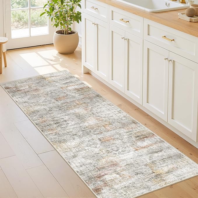 2x5 Rug Runner Washable for Entryway, Soft Bathroom Rugs with Non-Slip Backing, Abstract Low Pile Hallway Runner, Vintage Small Kitchen Carpet for Stair, Laundry Room(2'x5', Grey/Rust)