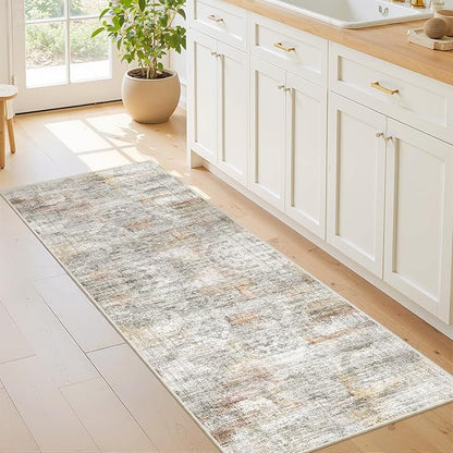 Washable Runner Rugs for Bedroom - 2x6 Runner Rug Non Slip, Ultra-Thin Entryway Runner, Soft Abstract Kitchen Runner for Hallway, Laundry, Bathroom, Indoor Door Mat(2'x6', Grey/Rust)