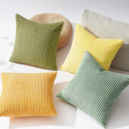 Topfinel 20x20 Oversized Throw Pillows Covers Set of 4 Euro Shams,Farmhouse Yellow Green Mix and Match Cushion Cases,Corduroy Striped Accent Pillows for Vanilla Girl Room Decor