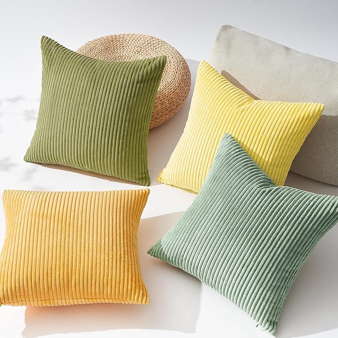 Topfinel 24x24 Decorative Large Throw Pillows Covers Set of 4,Yellow Green Mix Design Corduroy Bed Cushion Case,Couch Sofa Living Room Euro Shams No Insert,Summer Home Decor