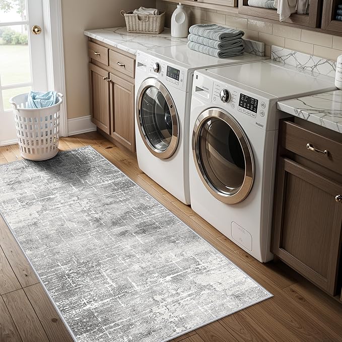 Washable 2x5 Hallway Runner Rug: Indoor Abstract Water Resistant Kitchen Entryway Rug Soft Living Room Bedroom Carpet Thin Low Pile Non Slip Floor Mat for Bathroom Laundry Room(2X5，Light/Grey)