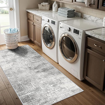 Washable 2x5 Hallway Runner Rug: Indoor Abstract Water Resistant Kitchen Entryway Rug Soft Living Room Bedroom Carpet Thin Low Pile Non Slip Floor Mat for Bathroom Laundry Room(2X5，Light/Grey)