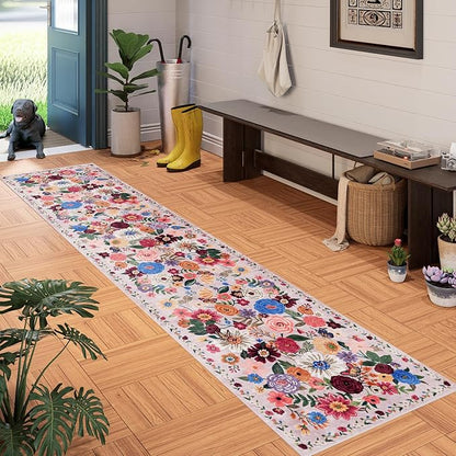 Pink/Beige Floral Hallway Runner Carpet Non-Slip, 2x10 Washable Rug Ultra-Thin Soft for Hallways, Kitchen Mat Stain Resistant for Entryway Bathroom (2 x 10, Beige/Pink Garden)