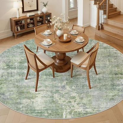9x9 Green/Ivory Round Rug 9ft Living Room Circle Rug Vintage Round Area Rug Non Slip Indoor Carpet for Apartment