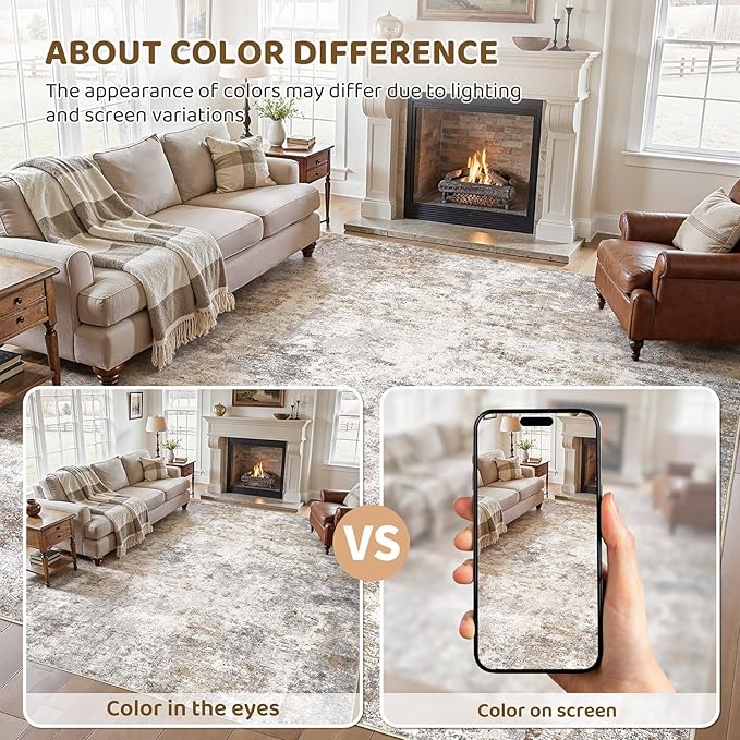 UERMEI 11x14 Area Rug Living Room Rugs - Washable Neutral Modern Abstract Soft Thin Large Rug Indoor Floor No Slip Rug Carpet for Bedroom Under Dining Table Home Office Decor - Brown Grey