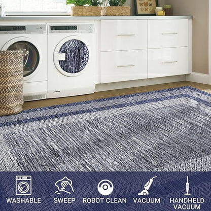 GarveeHome 9x12 Large Modern Navy Blue Area Rug Distressed Bordered Soft Non Shedding Floor Carpet, Geometric Washable Non Slip Low Pile Indoor Area Rug for Living Room, Bedroom