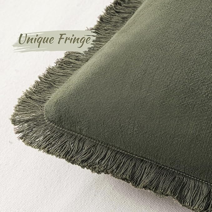MIULEE Decorative Throw Pillow Covers Neutral Linen Fringe Throw Pillows Euro Shams Set of 2 Olive Green Boho Farmhouse Cushion Covers for Couch Sofa Bed Living Room Spring Home Decor 28x28 Inch