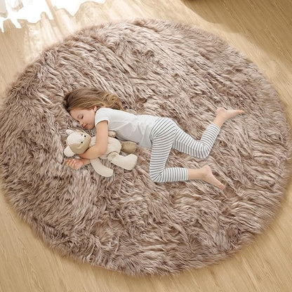 ORINOVA Beige 3ft Round Fluffy Shaggy Rug Washable Soft Area Rug for Living Room Bedroom Cute Room Decor Circle Nursery Rug Faux Fur Carpet