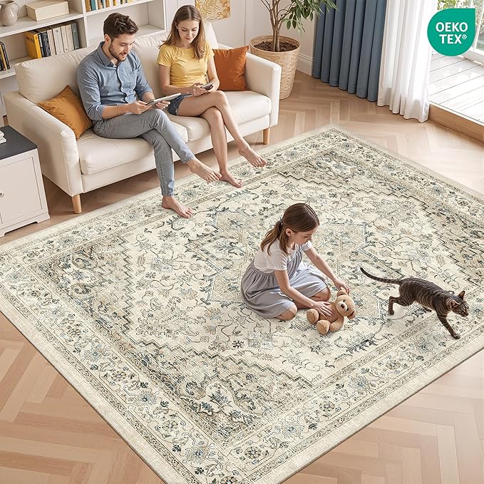 3x5 Area Rugs for Entryway, Kitchen Rugs Non Slip Washable for Dining Room, Vintage Floral Soft Living Room Area Rug, Thin Rug Indoor for Bedroom, Kids Room Decor(Brown,3x5)
