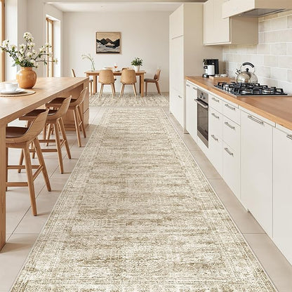 3x14 Washable Runner Rug for Hallway, Non-Slip Long Hallway Runner for Entryway, Soft Vintage Kitchen Mats for Floor, Abstract Dining Room, Bedroom, Living Room Rugs(3'x14', Brown/Ivory)