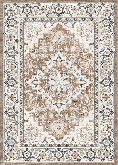 Lofus 5x7 Area Rugs for Living Room, Washable Area Rug, Rugs for Bedroom, Kitchen, Vintage Boho Carpet, Soft Non-Slip, Low Pile Large Area Rug for Office Dining Room, Floral Brown