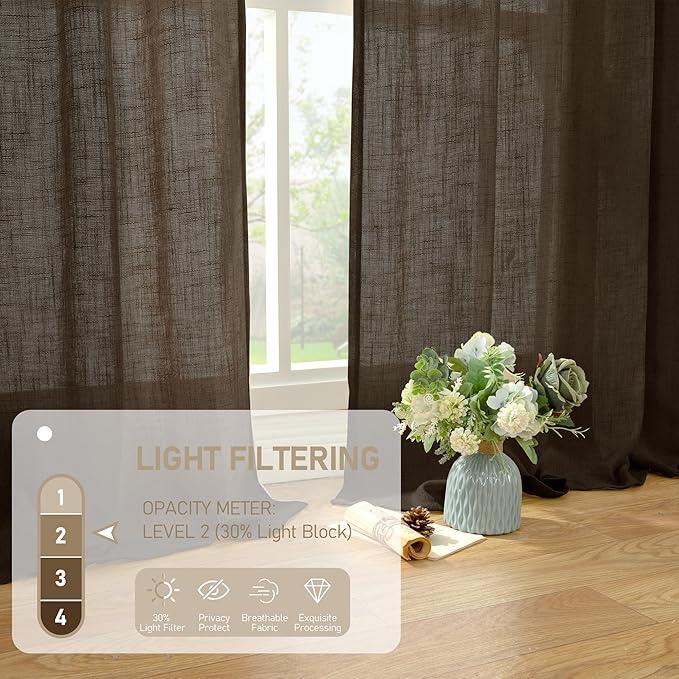 LAMIT Dark Brown 78 inch Linen Curtains for Living Room 2 Panels, Linen Textured Light Filtering Semi Sheer Back Tab and Rod Pocket Curtain Panels for Bedroom/Farmhouse, 52 x 78 Inch