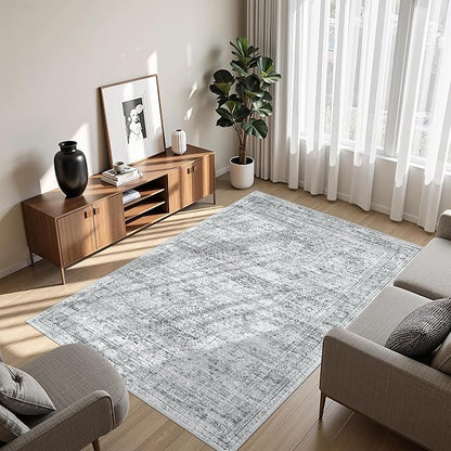 Area Rugs 4x6 for Living Room, Non-Slip Backing Small Kids Rugs for Bedroom, Vintage Abstract Rug Home Decor, Low Pile Soft Washable Rug for Kitchen, Dining Room (4'x6', Grey/Ivory)